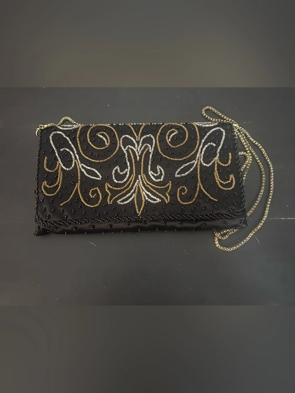 Beaded Black Evening Clutch with Gold and Silver Embroidery